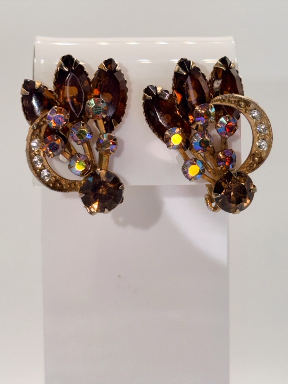 Vintage Brown Crystal Floral Clip-On Earrings - Unbranded